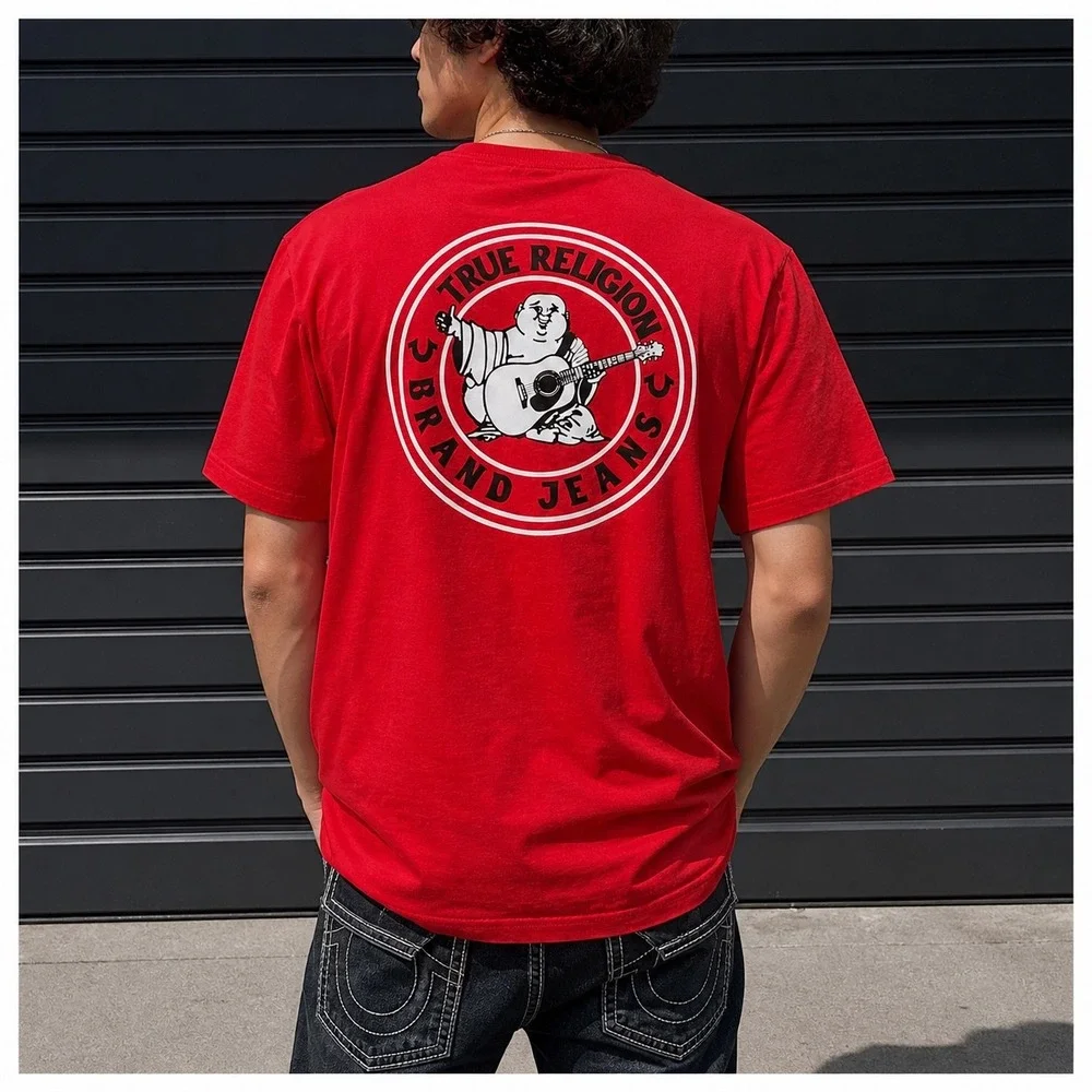 True Religion Tee Mens 2XL Red Buddha Logo Graphic‎ Back Print Shirt